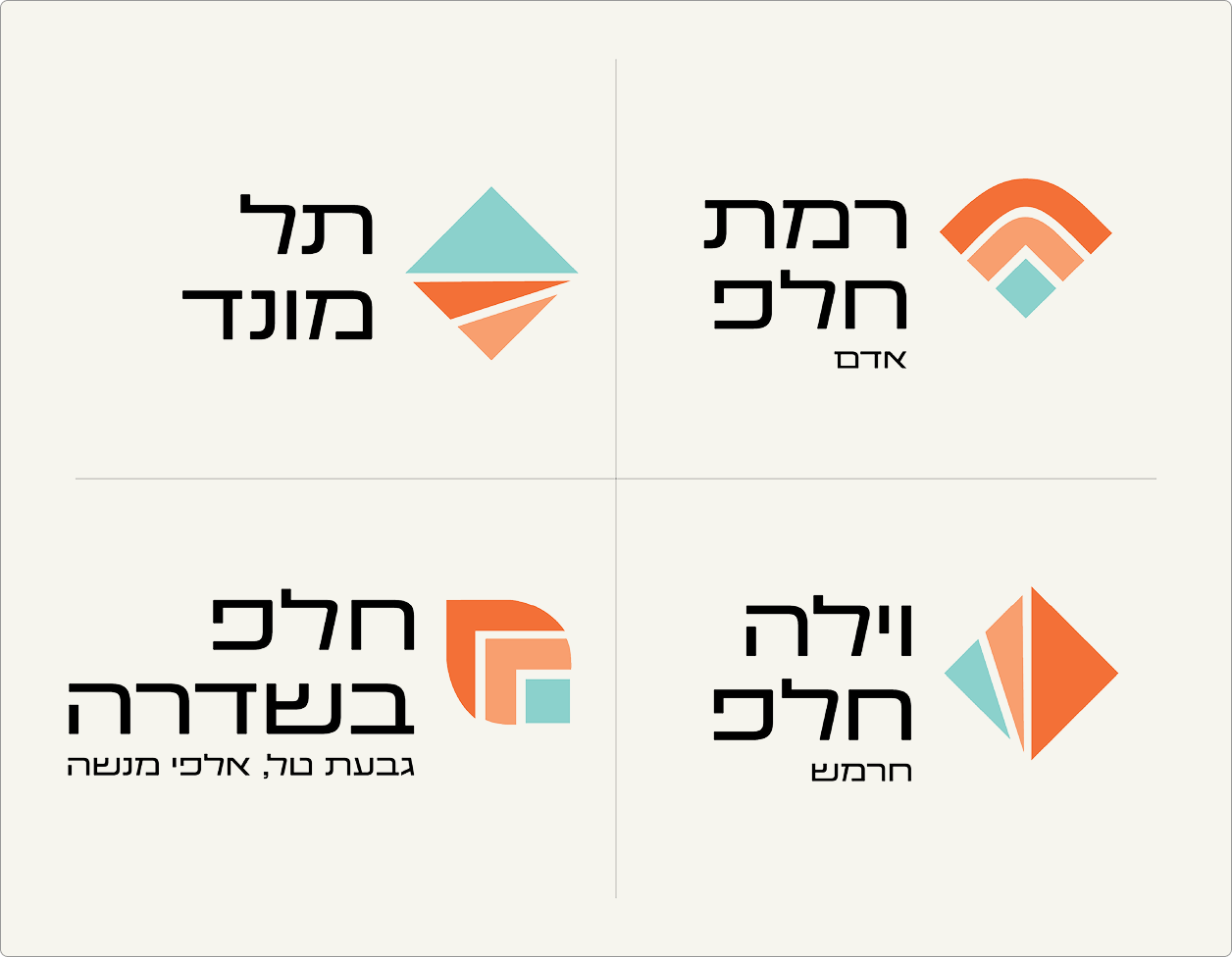 ארבעה לוגואים בטקסט עברי, כל אחד עם סמל גיאומטרי בצבעי טורקיז וכתום, על רקע בהיר.