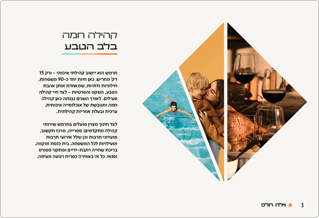 טקסט בעברית, וקולאז' בצורת יהלום שבו נראית משפחה שוחה, תרנגול הודו צלוי וכוסות יין.