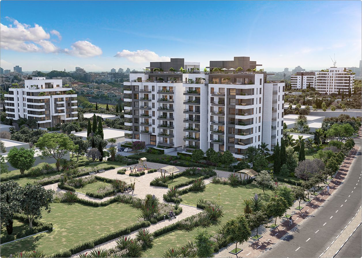 בנייני דירות מודרניים המוקפים בגנים ירוקים ובשבילים, תחת שמיים כחולים עם עננים פזורים.