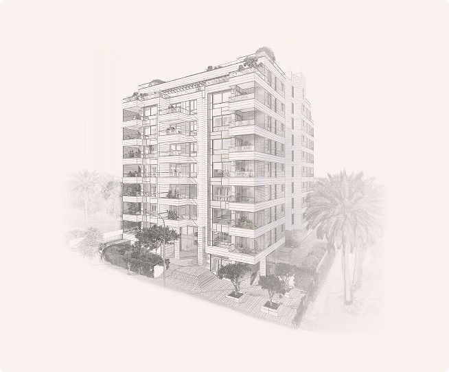 שרטוט של בניין דירות מודרני בגובה בינוני, המוקף בעצים ובדקלים, במבט מהפינה הקדמית.