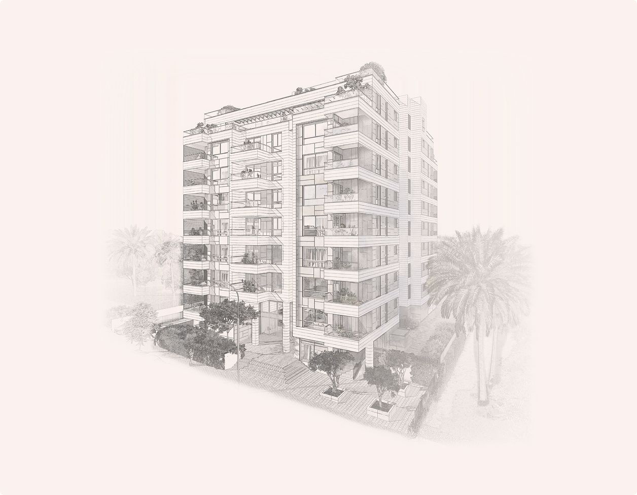 שרטוט אדריכלי של בניין דירות מודרני רב-קומתי עם מרפסות, עצים ועצי דקל בסביבה.